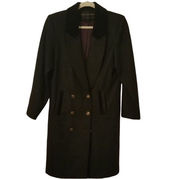 VTG 80s 90s Wool Black Velvet Double Breast Oversized Drop Shoulder Coat 12 L - Picture 1 of 11